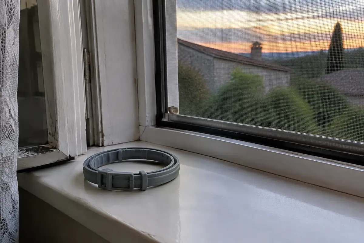 Collier antiparasitaire gris posé sur un rebord de fenêtre avec une moustiquaire