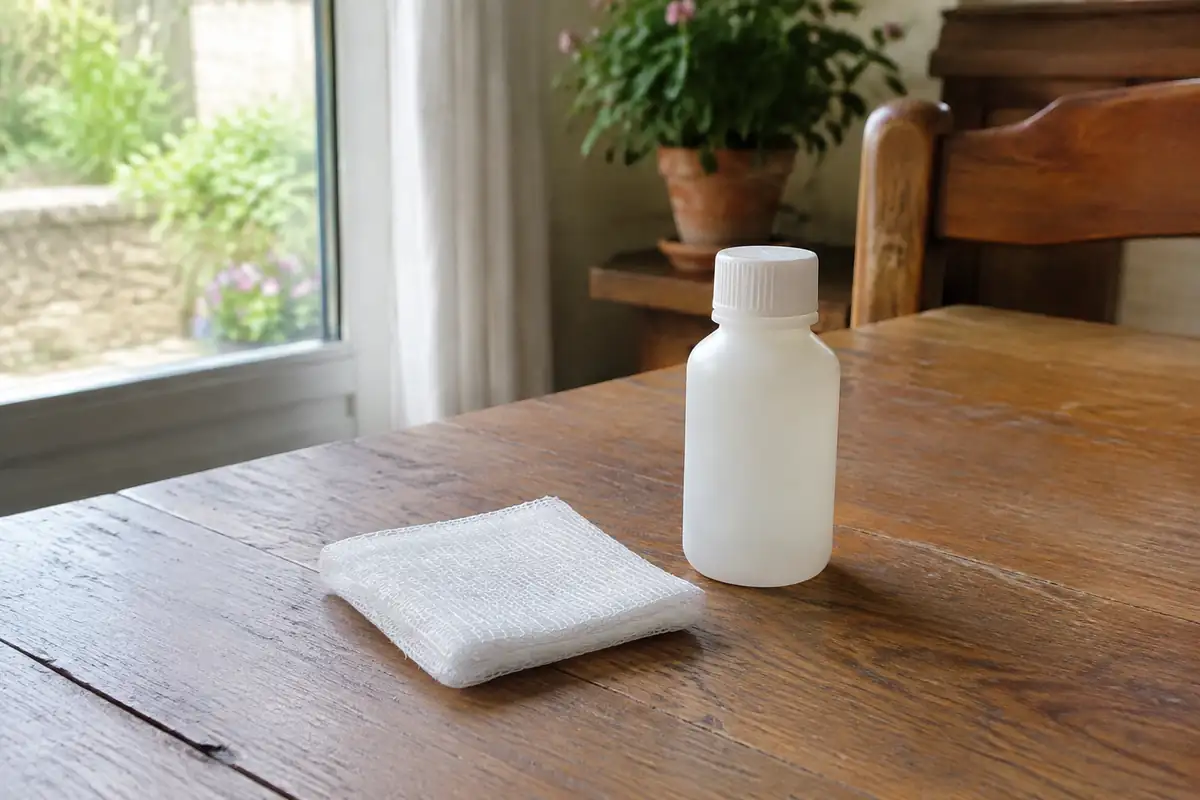 Compresse stérile et flacon neutre sur une table