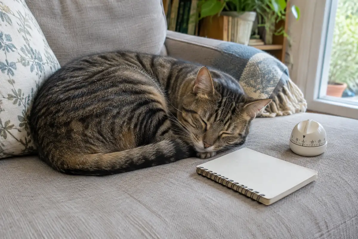 Chat endormi roulé en boule près d'un carnet et d'un minuteur, pour compter sa respiration