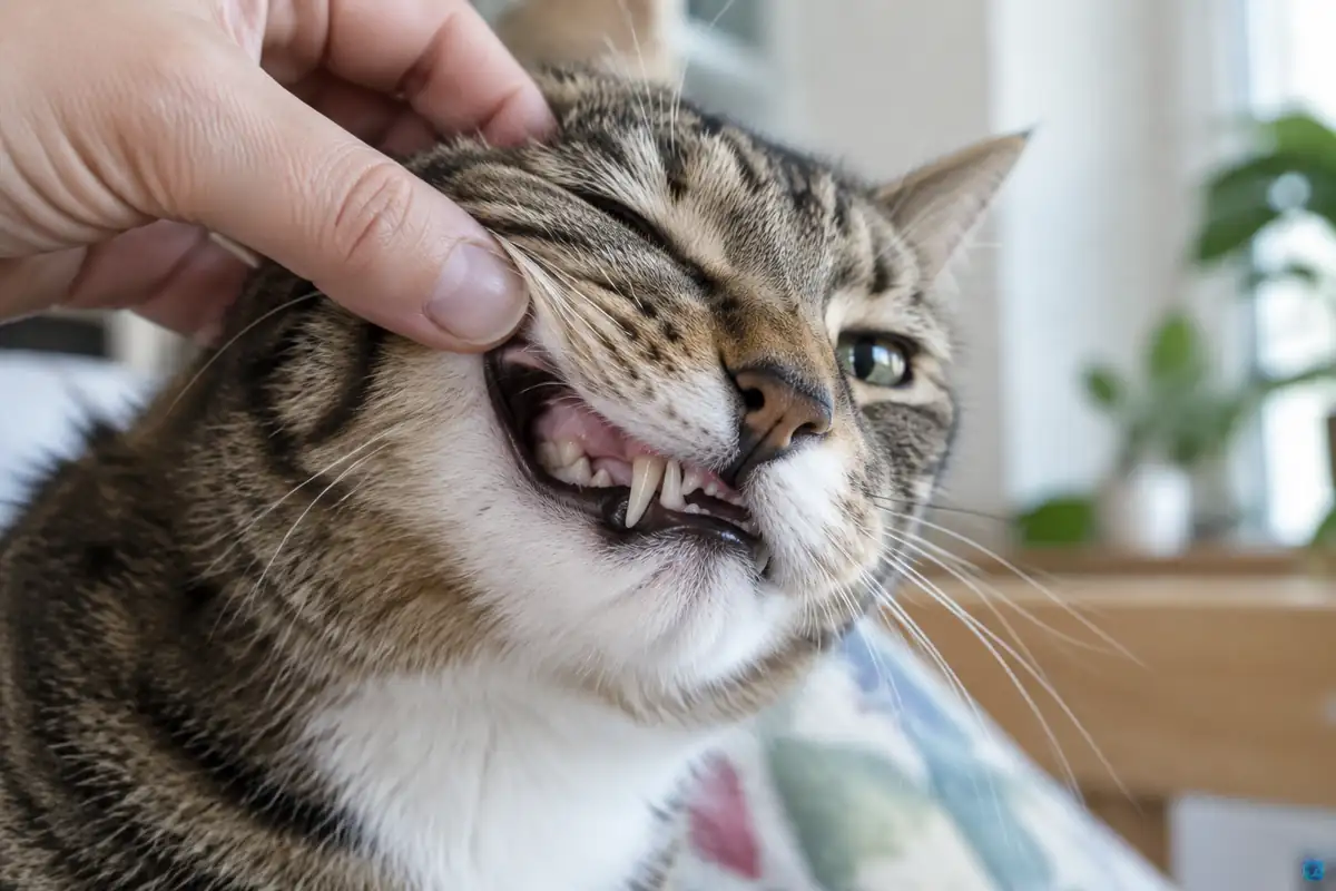 Babine d'un chat adulte soulevée pour regarder ses gencives et ses dents
