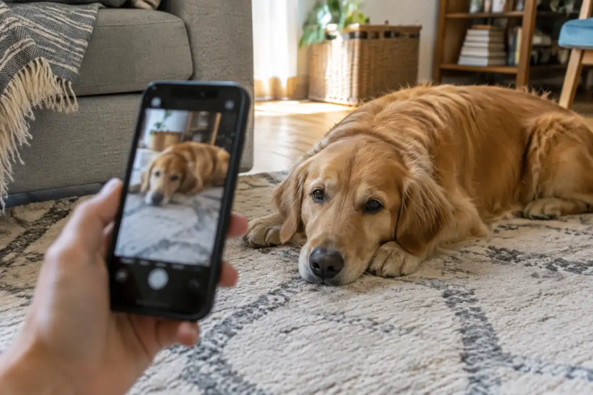 Une main filme avec un téléphone un chien couché sur un tapis de salon