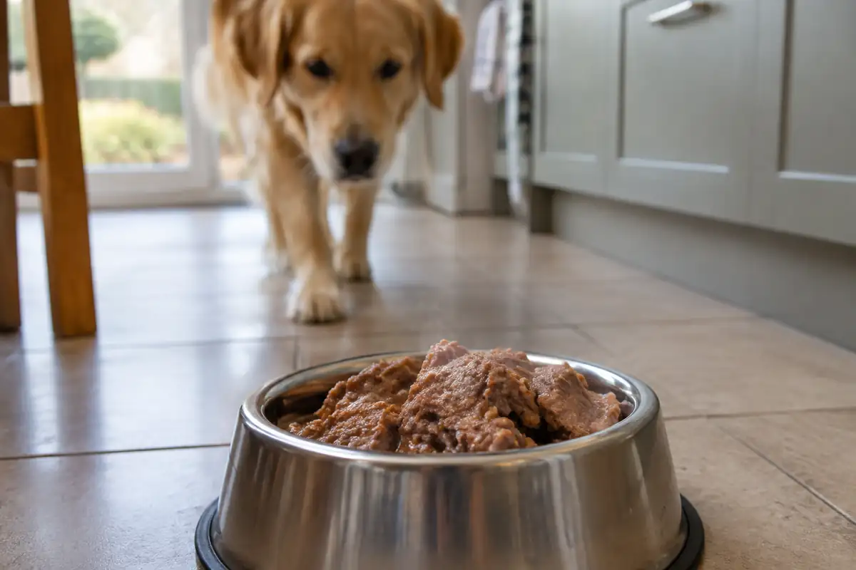 Gamelle de nourriture humide tiédie, chien qui s'approche en arrière-plan