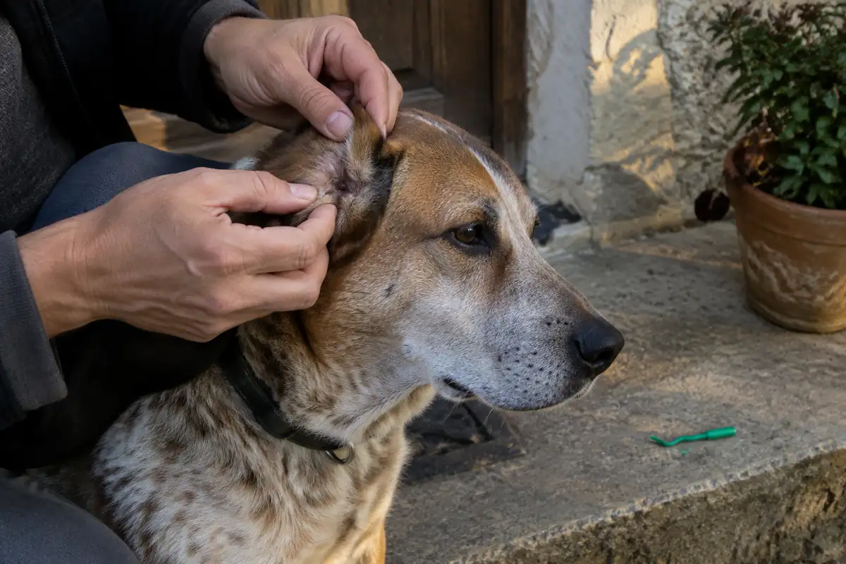 Mains qui écartent le pelage derrière l'oreille d'un chien après une promenade