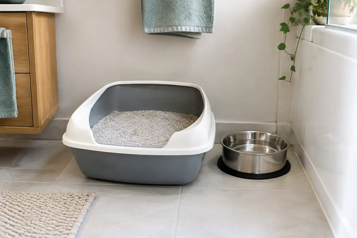 Litière propre et bol d'eau côte à côte dans une salle de bain claire