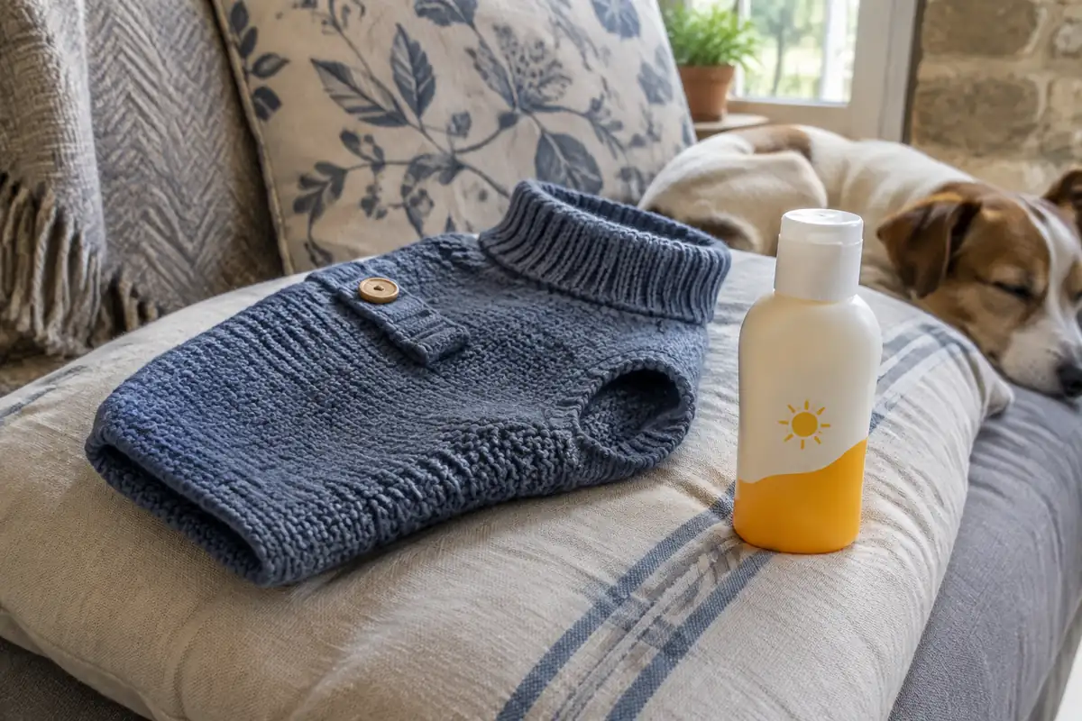 Manteau tricoté bleu et flacon de crème solaire posés sur un coussin de canapé