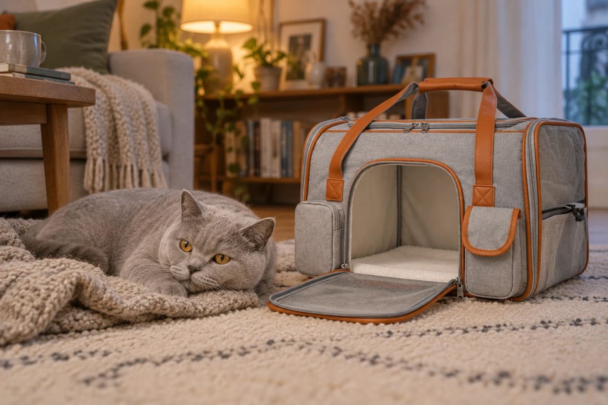 Chat gris allongé sur un plaid à côté de son sac de transport ouvert, dans un salon calme